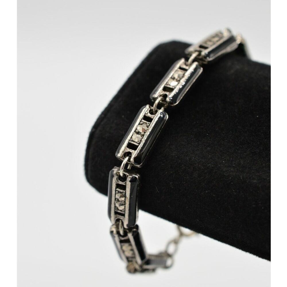 Vintage Bracelet Chain Tennis Black Enamel Marcasite Crystal NOS 1980s Bin4